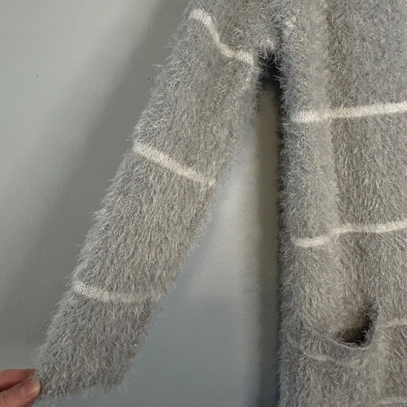 Adrienne Vittadini Grey Eyelash Knit Longline Striped Cardigan Sweater Small - Picture 4 of 8